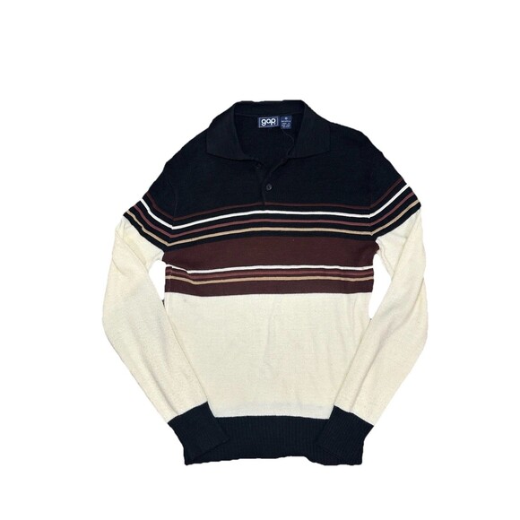Vintage 70s Gap Striped Black Brown Polo Shirt - Long Sleeve - Medium - Picture 1 of 7
